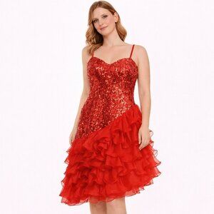 Red Sequin Ruffle Cocktail Dress – Sparkly Prom/Homecoming Party Dress